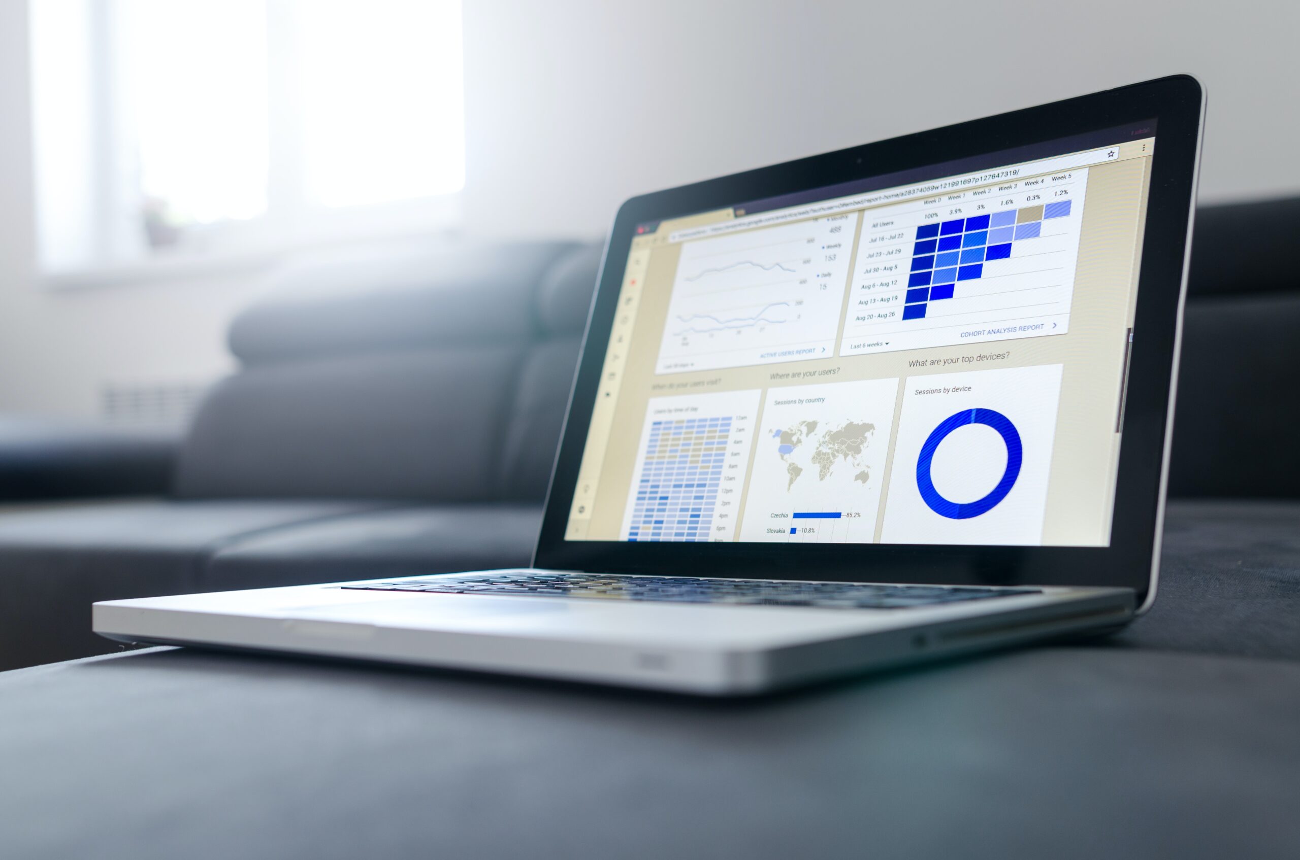 Open laptop with graphs and charts on screen. 